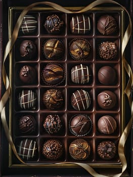 Elegant box of chocolate truffles with ribbon, luxurious presentation, rich dark colors.