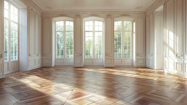 An empty vintage-style banquet hall with a parquet floor and numerous large windows letting in natural light.