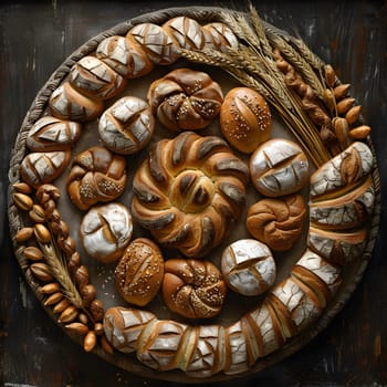 A wooden table displays a tray of bread and wheat, showcasing intricate carvings and patterns. The artwork combines metal accents, symbolizing abundance and unity