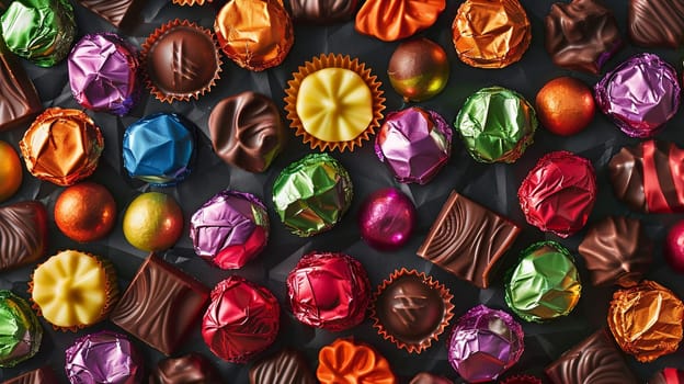 Colorful assorted chocolates spread out on a table with shiny wrappers.