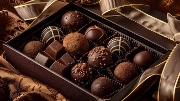 A high-detail box of chocolate truffles with a luxurious presentation, adorned with elegant ribbons in rich dark colors.