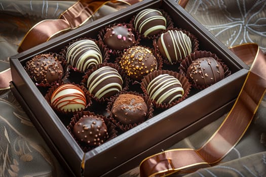 Luxurious box of dark chocolate truffles adorned with a ribbon.