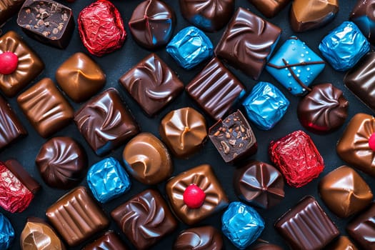 Colorful assortment of chocolate candies spread out on a table, featuring vibrant colors, high detail, and shiny wrappers.