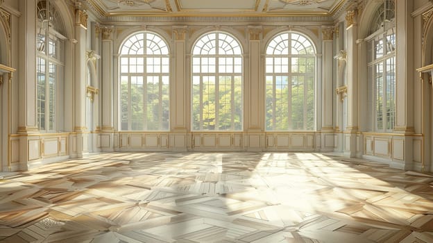 An empty, vintage-style room with a parquet floor and large windows letting in ample natural light.