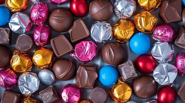 Assorted chocolate candies with vibrant colors and shiny wrappers in close-up detail.