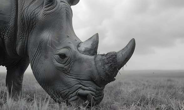 A black rhinoceros with a horned head peacefully grazing on grass in a field under a grey sky with clouds, portraying the elegance of this terrestrial animal