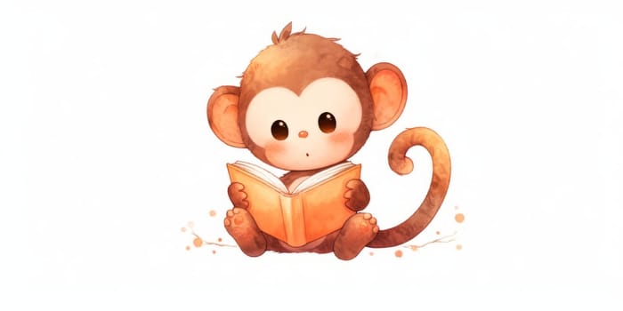 Cute kawaii baby monkey reading a book hand drawn watercolor illustration