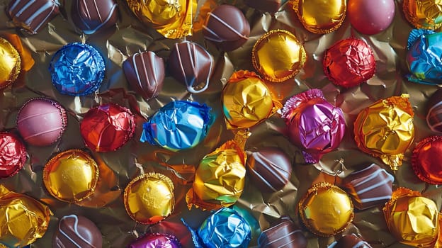 Close-up view of various types of vibrant, colorful chocolates with shiny wrappers spread out.