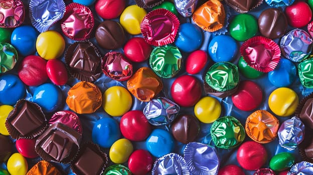 Close up view of many different colored chocolate candies with vibrant colors and shiny wrappers.
