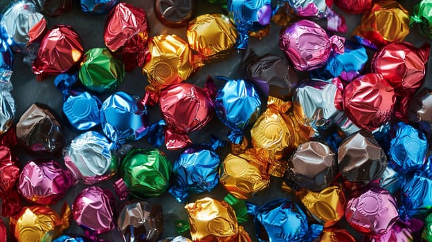 Assorted colorful chocolate candies close up, vibrant colors and shiny wrappers.