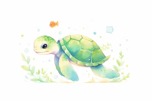 Cute swiming turtle hand drawn watercolor illustration