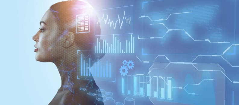 Silhouette of a woman on a blue background. Artificial intelligence and neural networks concept background