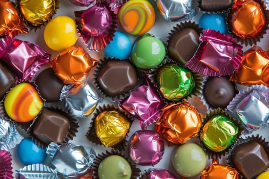 A close-up view showcasing a variety of colorful chocolate candies with shiny wrappers in high detail.