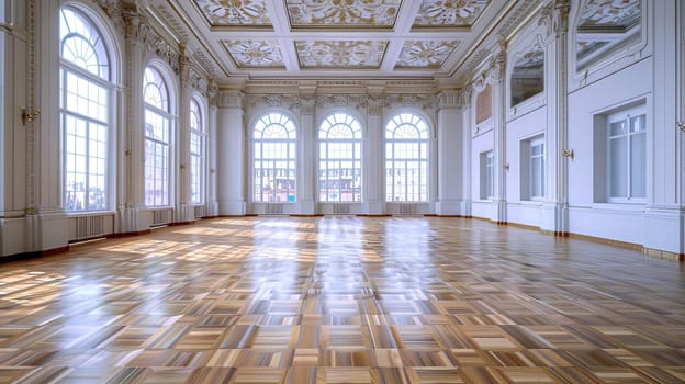 Big, empty banquet hall with vintage parquet floor and large windows.