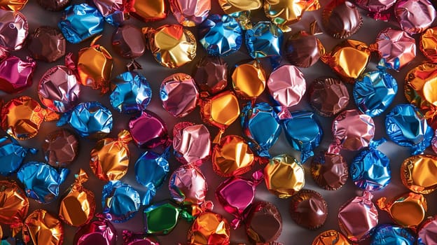A vibrant close-up view of assorted colorful chocolate candies with shiny wrappers.