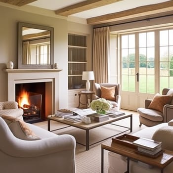 Modern cottage sitting room decor, interior design, living room furniture in neutral colours and fireplace, home decor in elegant English country house style, post-processed, generative ai