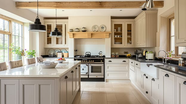 Cotswolds cottage style kitchen decor, interior design and country house, in frame kitchen cabinetry, sink, stove and countertop, English countryside styling