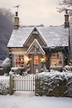 Beautiful country cottage decorated for Christmas on a snowy winter day, holiday and celebration, post-processed, generative ai