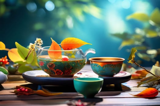 Tea Time Elegance: A picturesque tea setup featuring colorful cups and loose leaves against a vibrant backdrop, exuding sophistication.