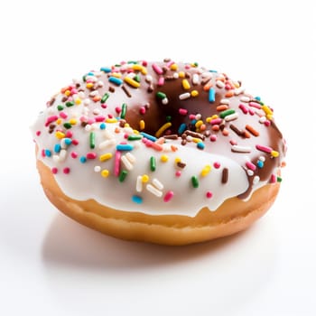 Sweet Vanilla and Chocolate Donut on White Background. White and Chocolate Donut Decorated with Colorful Sprinkles Isolated on White Background.