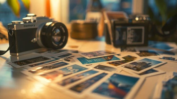 A camera sits on a table with a pile of postcards, The best photography memories.