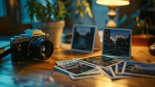 A camera sits on a table with a pile of postcards, The best photography memories.