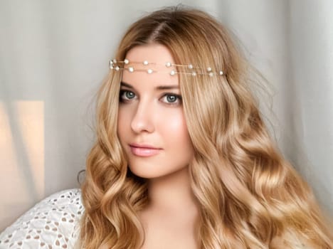 Beautiful bridal look, bride with long hair, wearing pearl tiara jewellery and beauty makeup, blonde woman with curly hairstyle, face portrait for wedding and fashion style idea