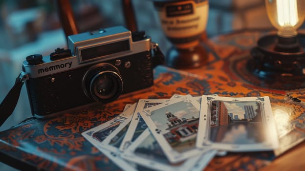 A camera sits on a table with a pile of postcards, The best photography memories.