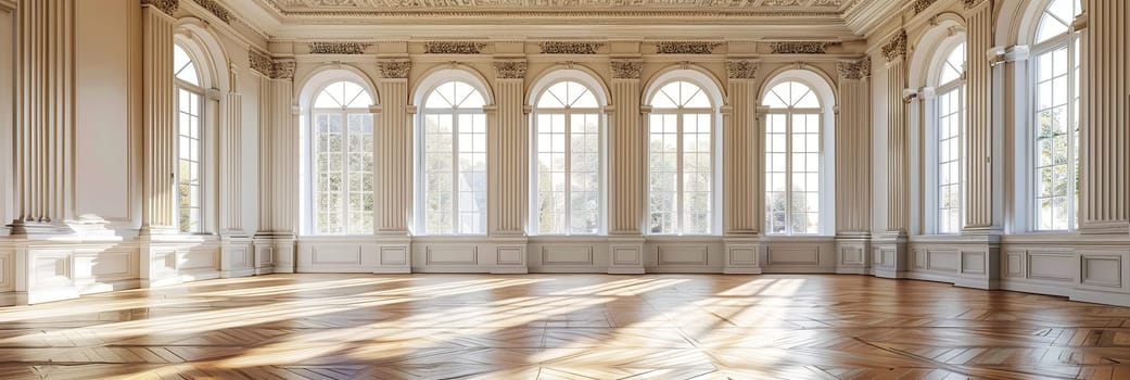 Bright and airy room with vintage styling, large windows, and a parquet floor.