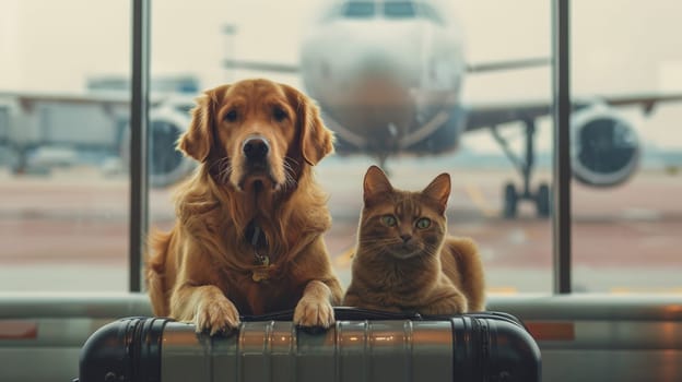 Traveling Pets, Dog and Cat Together at the Airport, Adorable and Heartwarming Design.