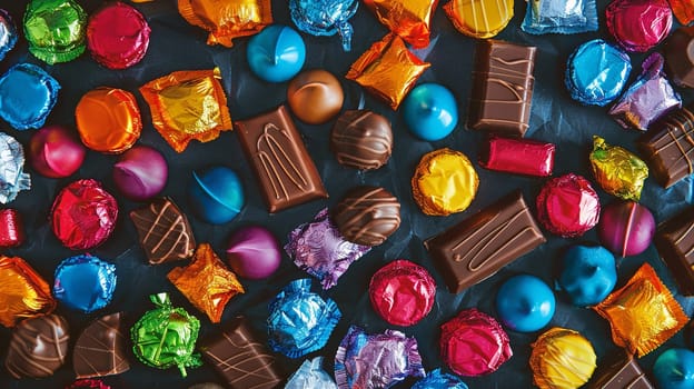 Various types of vibrant, shiny candies filling a table, creating a colorful display.