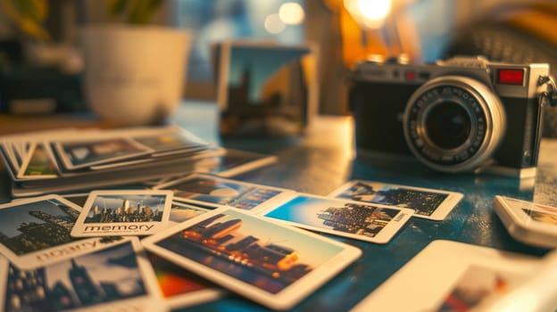 A camera sits on a table with a pile of postcards, The best photography memories.