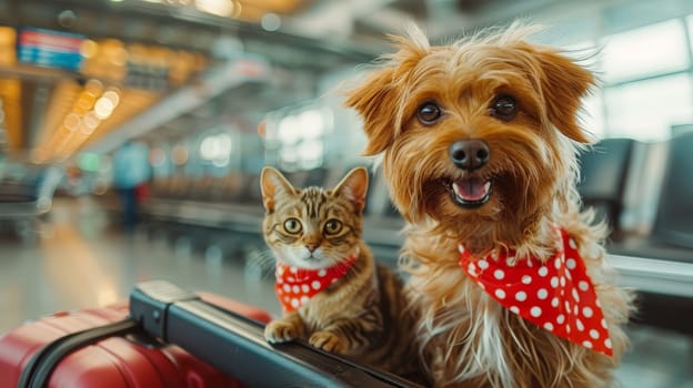 Traveling Pets, Dog and Cat Together at the Airport, Adorable and Heartwarming Design.