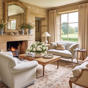 Neutral cottage sitting room with fireplace, living room interior design and country house home decor, sofa and lounge furniture, English countryside style interiors