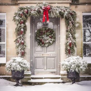 Christmas holiday, country cottage and snowing winter, wreath decoration on a door, Merry Christmas and Happy Holidays wishes, post-processed, generative ai