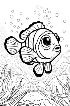 An organism resembling a clown fish depicted in a monochrome drawing, swimming gracefully in a rectangular illustration. The fin details and patterns are exquisitely portrayed in this piece of art