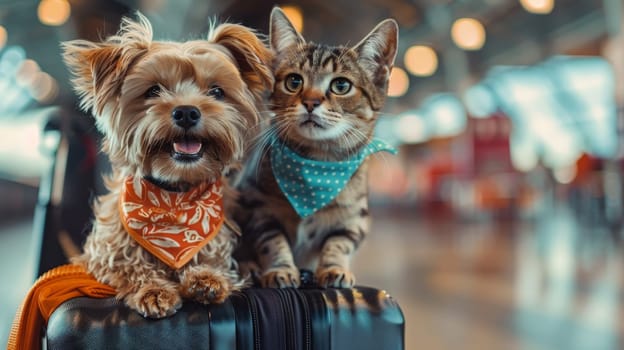 Traveling Pets, Dog and Cat Together at the Airport, Adorable and Heartwarming Design.