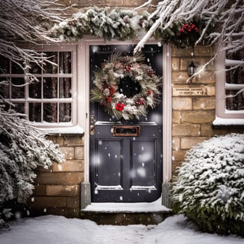 Christmas holiday, country cottage and snowing winter, wreath decoration on a door, Merry Christmas and Happy Holidays wishes, post-processed, generative ai