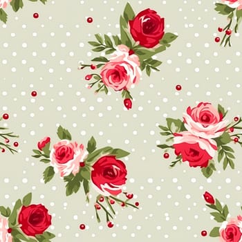 Seamless pattern, tileable floral country holiday print with roses, dots and flowers for wallpaper, wrapping paper, scrapbook, fabric and polka dot roses product design idea