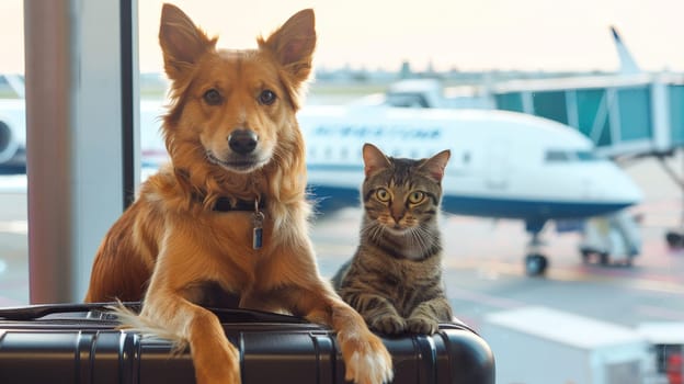 Traveling Pets, Dog and Cat Together at the Airport, Adorable and Heartwarming Design.
