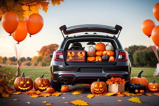 A large car decorated for Halloween with cobwebs, pumpkins, orange balloons and sweets. The concept of a creative outdoor event in autumn.