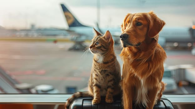 Traveling Pets, Dog and Cat Together at the Airport, Adorable and Heartwarming Design.