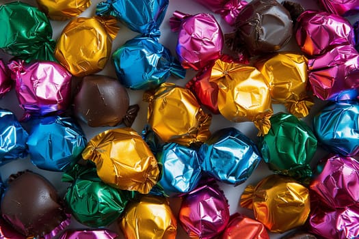 A variety of colorful chocolate candies stacked on top of each other, showcasing vibrant colors and shiny wrappers.