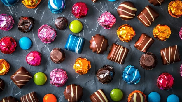 Various chocolate candies spread across a table, colorful wrappers, high detail, vibrant display.