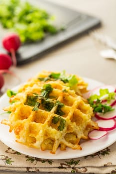 fried crispy vegetable potato waffles .