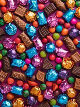 Various colorful chocolate candies with shiny wrappers scattered on a purple background.
