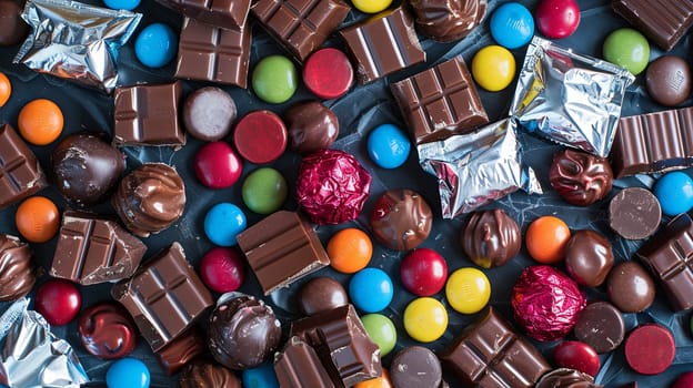 A variety of colorful chocolate candies spread out on a table, vibrant colors and shiny wrappers.