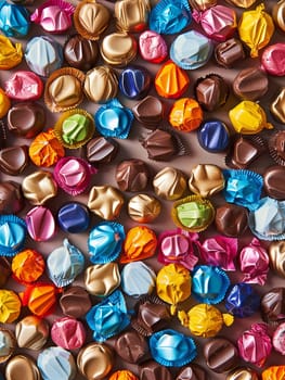 Close up of various types of colorful chocolate candies, with shiny wrappers, spread out on a surface.