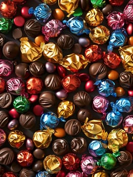 Colorful and varied chocolate candies piled together with shiny wrappers creating a vibrant display.