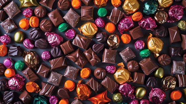 A variety of vibrant, colorful chocolate candies displayed on a table with shiny wrappers.